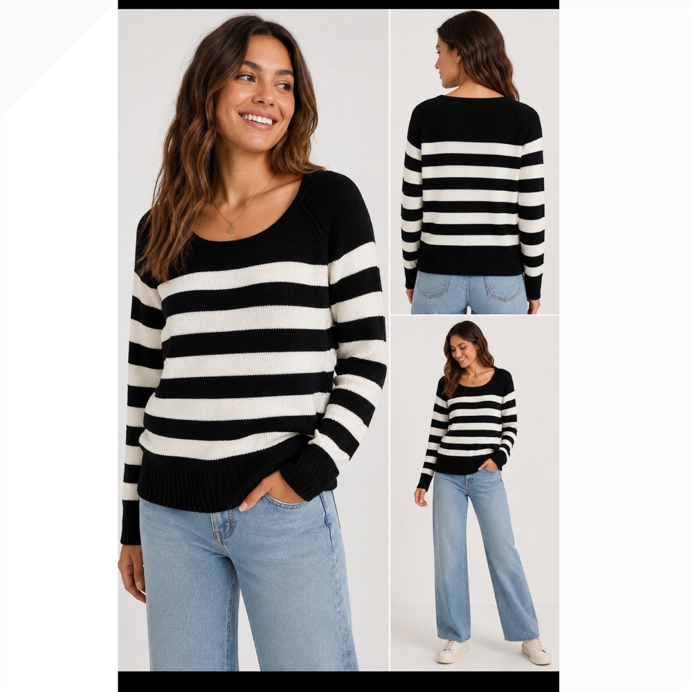 Aerie Striped Shaker Stitch Cotton Sweater Black White Scoop Neck Large L/G